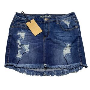 NWT Machine Distressed Frayed Hem Blue Denim Jean Mini Skirt Waist Sz 28